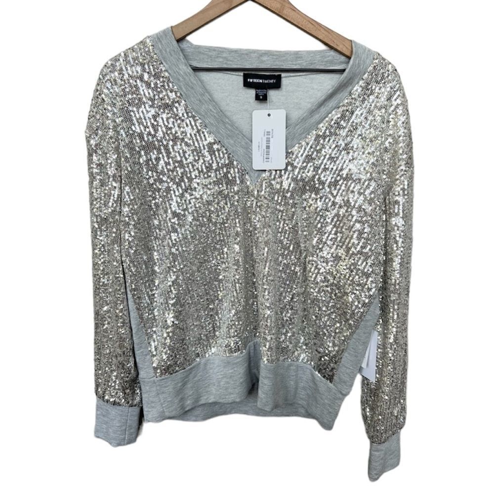 Fifteen Twenty NWT Champagne Sequin Contrast Knit Sweatshirt Grey Size Small